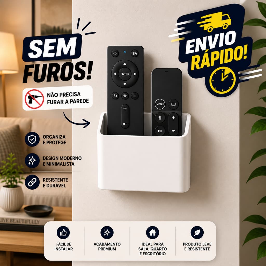 Porta Controle Remoto Suporte de Parede Adesivo Sem Furo Organizador Universal