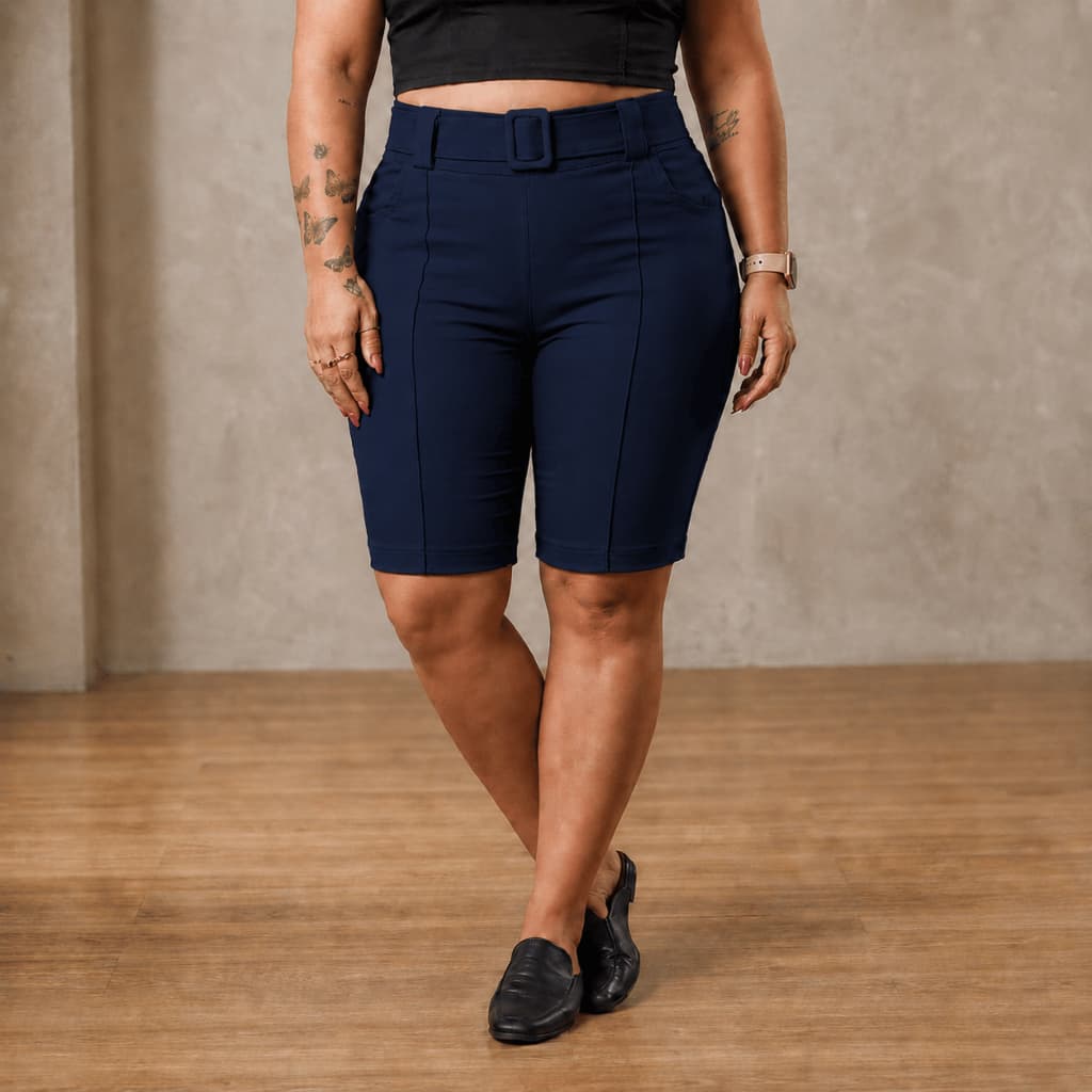 Bermuda Plus Size Bengaline Feminina Social com Cinto Fivela Alfaiataria Cintura Alta 42 ao 52