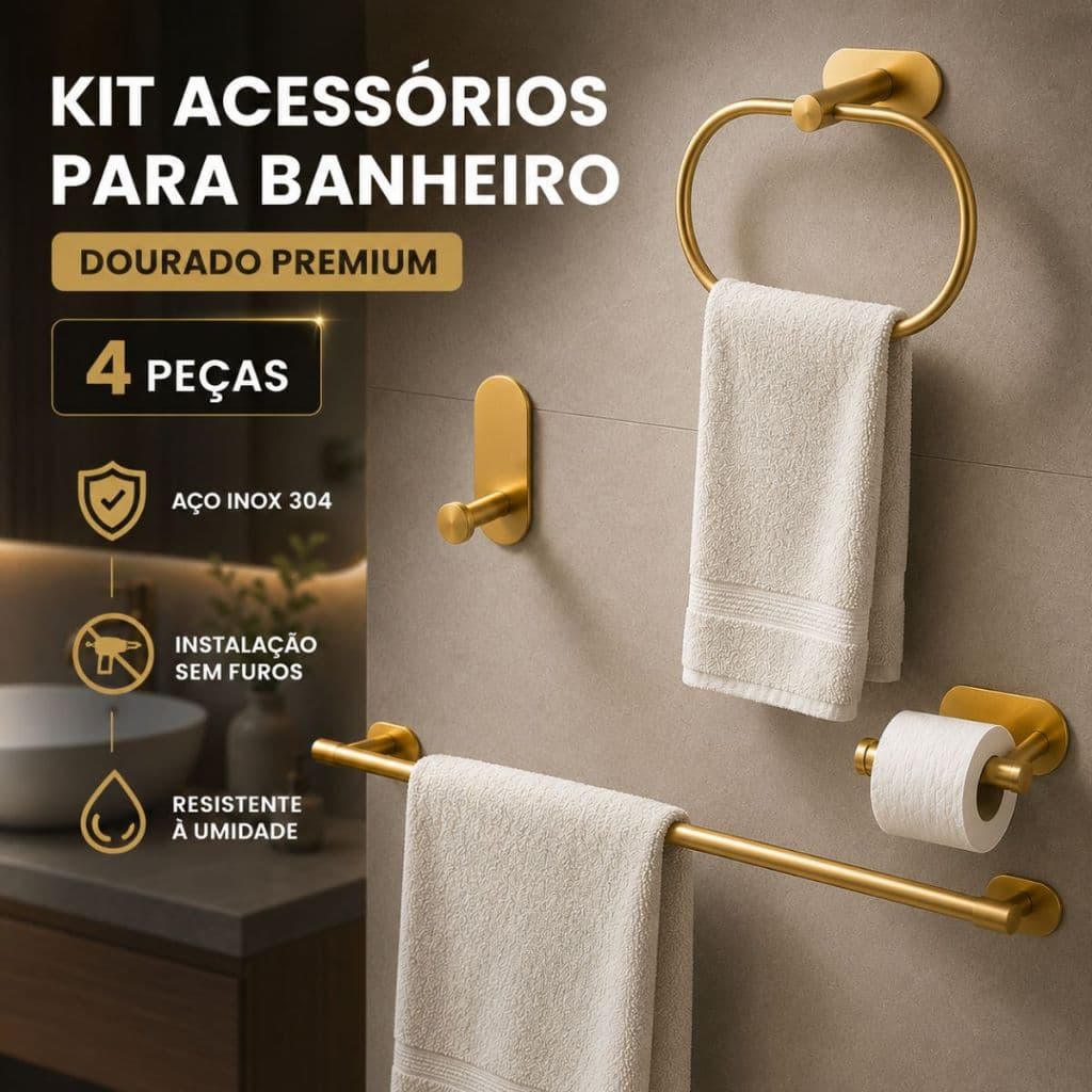 Kit Acessórios Banheiro Gancho Papeleira Cabide Toalheiro Sem Furo Adesivo 4 Peças Aço Inox Dourado