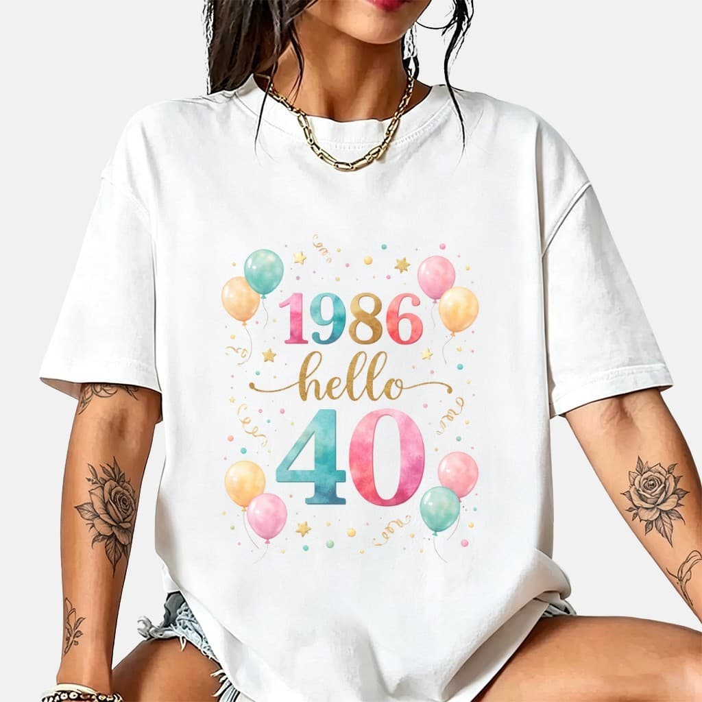 Camiseta Feminina 1986 Hello 40 Anos Aniversário Estampa Colorida Balões 100% Algodão Oversized Plus Size