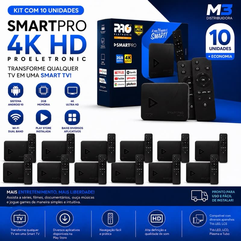 Kit 10 TV Box Smart Pro 4K HD Android 10 2GB Wi-Fi Dual Band Proeletronic Original