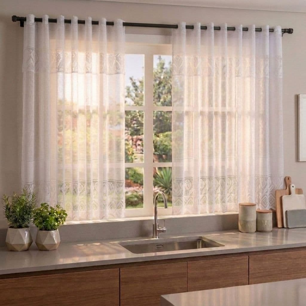 Cortina de Cozinha Renda Tulipa Branca e Bege 1,20m x 2,20m - Cozinha Sala Quarto Elegante Decoração