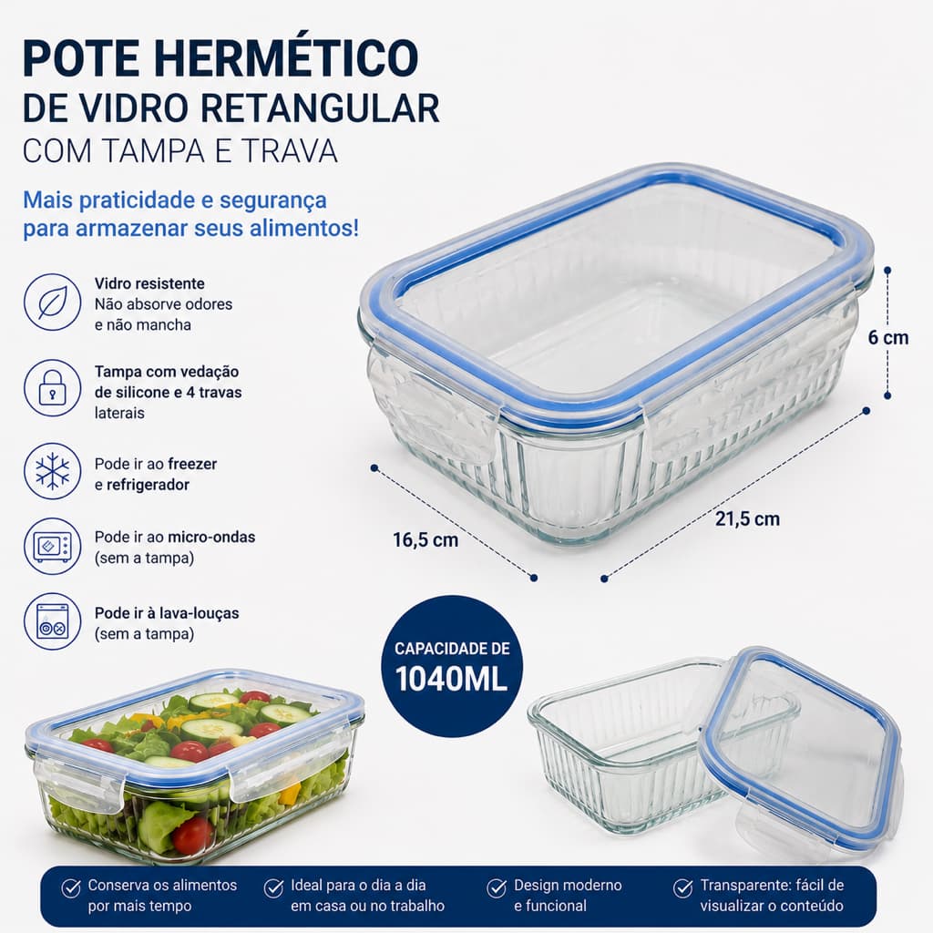 Pote Vidro Hermética Borossilicato Tampa Silicone azul 1040ml Resistente Micro-ondas e Freezer