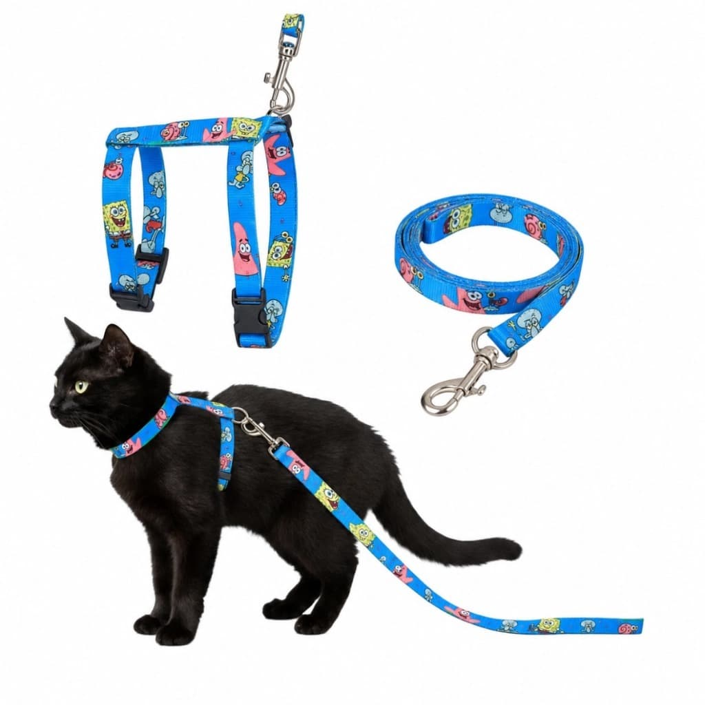 Peitoral Coleira Guia Ajustavel Seda Gatos Passeio Pets Cães Modelo Bob Esponja Azul ou Rosa