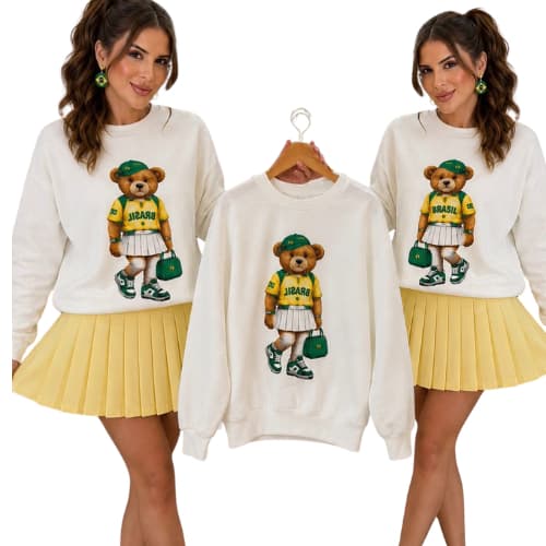 Moletom Feminino Algodão Flanelado Sem Capuz Ursinho Brasil Gola Redonda Blusa de Frio Inverno