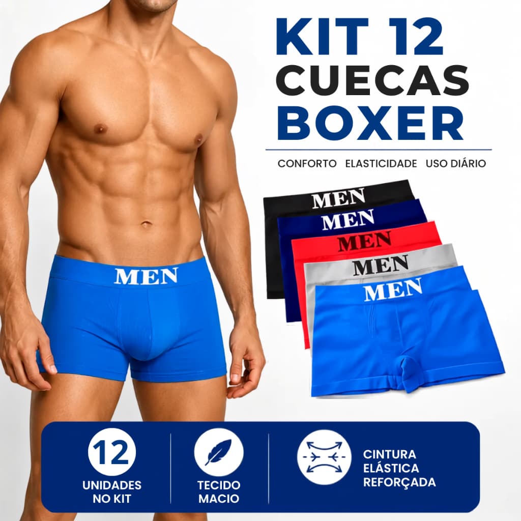KIT 12 Cuecas Boxer Masculinas Microfibra Premium Sem Costura Confortável