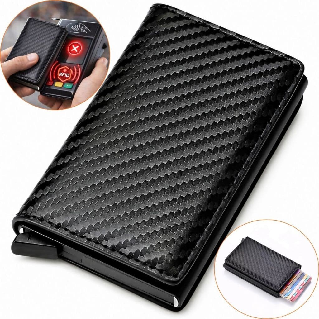 Carteira Antifurto RFID de Couro Slim Ejetora Automática Proteção Porta Cartões do Futuro Masculina Presente Pai