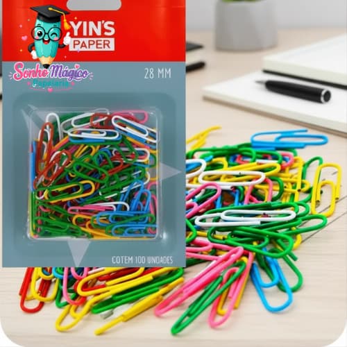 Clips de Papel Colorido 28mm com 100 Unidades Yins | Clips Coloridos para Caderno, Planner, Escritório, Escola
