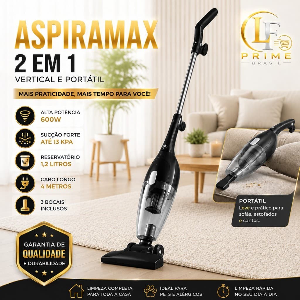 Aspirador de Pó Vertical Portátil 2 em 1  600W Com Fio 4 metros Alta Sucção Filtro 1,2L Lavável 110v e 220v