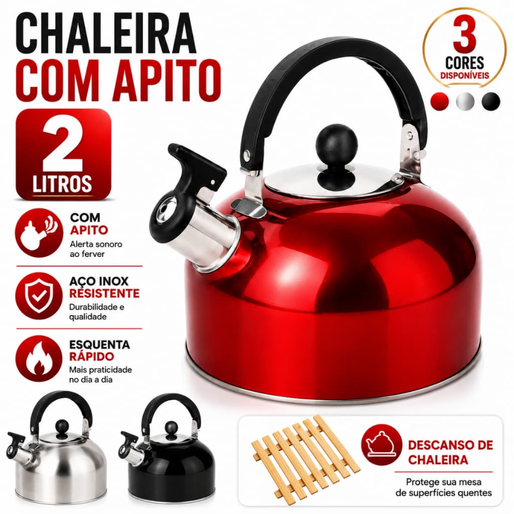 Conjunto Chaleira Com Apito Para Café Chá Água Quente 2L E Descanso Para Chaleira Em Bambu Proteção Para Mesa