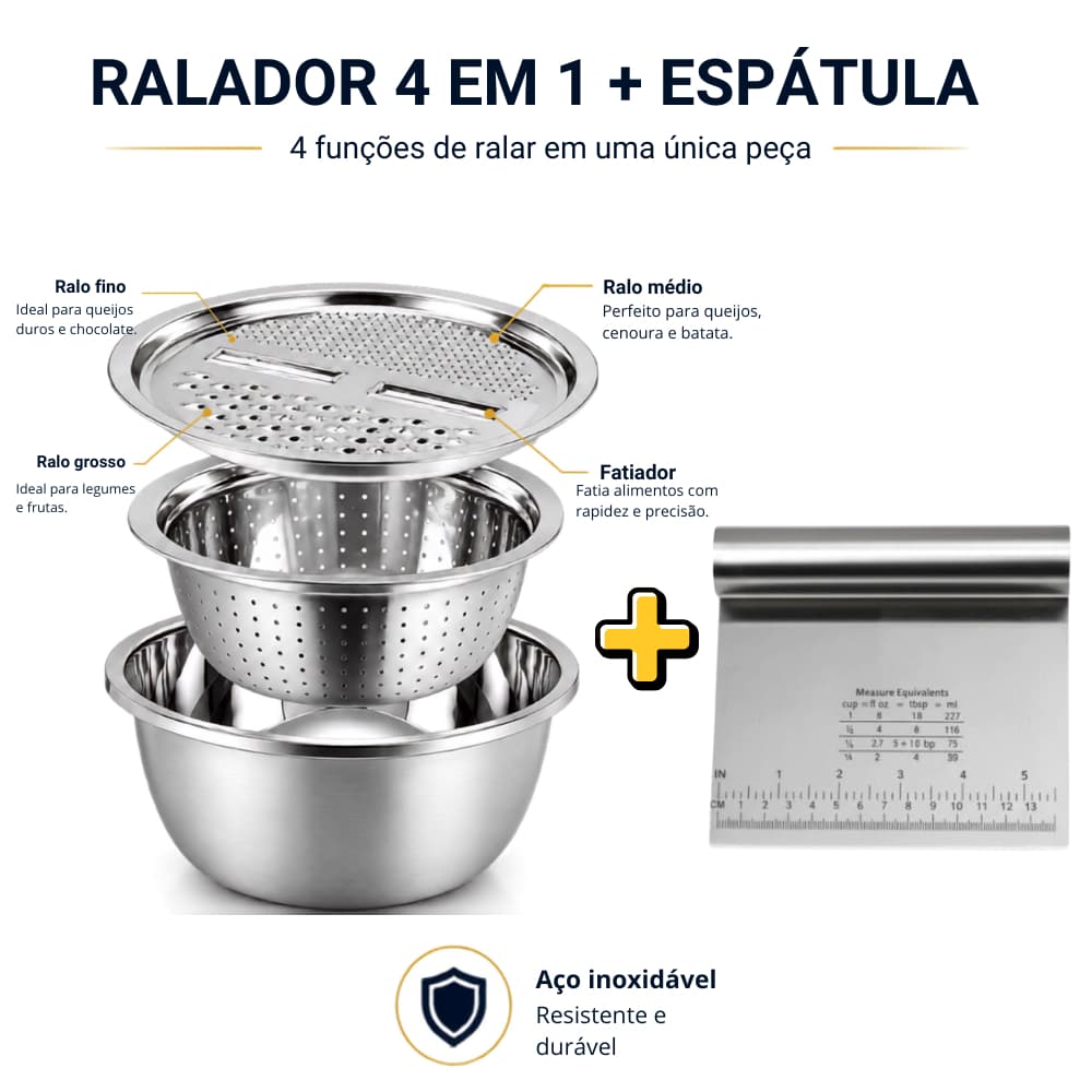 Kit Ralador 4 em 1 Inox com Espátula Tubular Raspadora Cortador de Massas Fatiador Escorredor Bowl Tigela