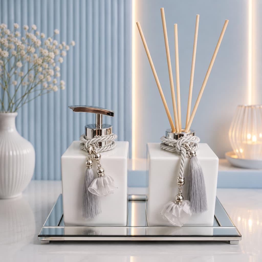 Kit Lavabo Cubo 3 Peças Prata Branco Bandeja Vidro Espelhado
