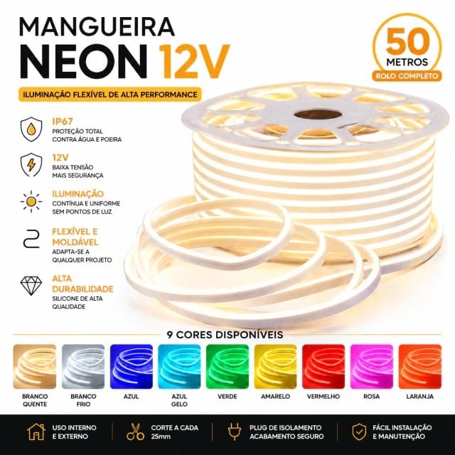 Mangueira Neon Led Flex 3528 6mm Rolo com 50m IP67 Á prova D'água para Uso Externo