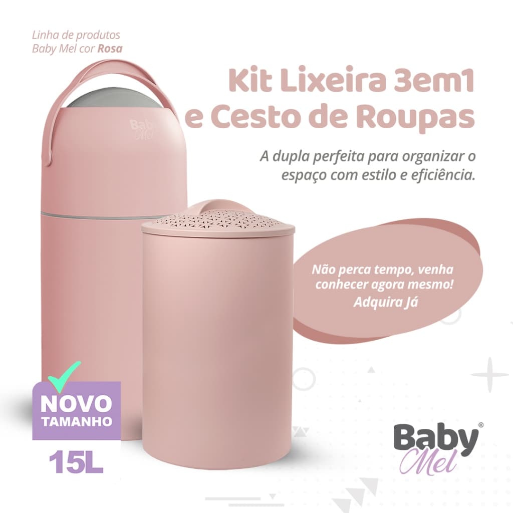 Baby Mel kit antiodor 15 litros lixeira para fraldas e cesto para roupas enxoval bebe quarto