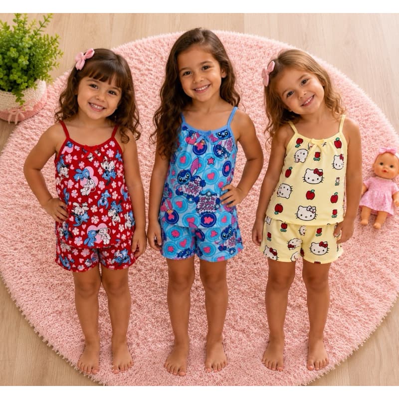Kit 3 Pijamas Infantis de Alcinha Confortável Para Meninas De Microfibra Estampas Variadas Babydoll