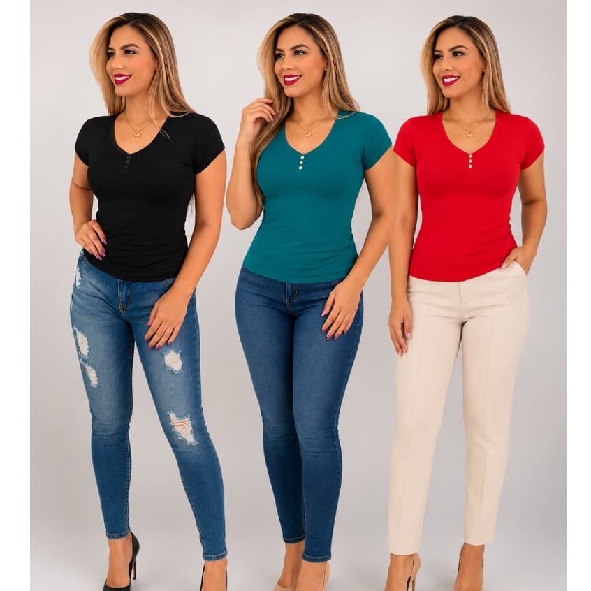 Kit Blusa Feminina 3 Peças Decote V Manga Curta Básica