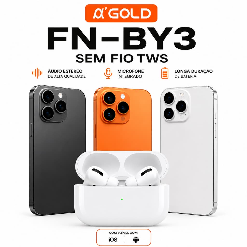 Fone De Ouvido A'Gold FN-BY3   Compatível Android E Iphone X Xr Xs 11 12 13 14 15 16 Pro Max