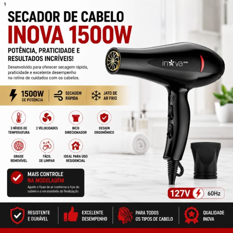 Secador de Cabelo Inova 1500W 127V Ar Frio Antifrizz com Bico Direcionador KV-12696-1