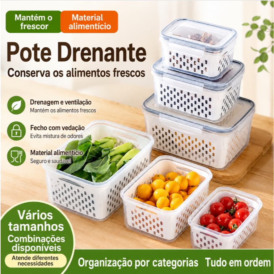 Caixa organizadora de geladeira com cesta escorredora, pote hermético para cozinha