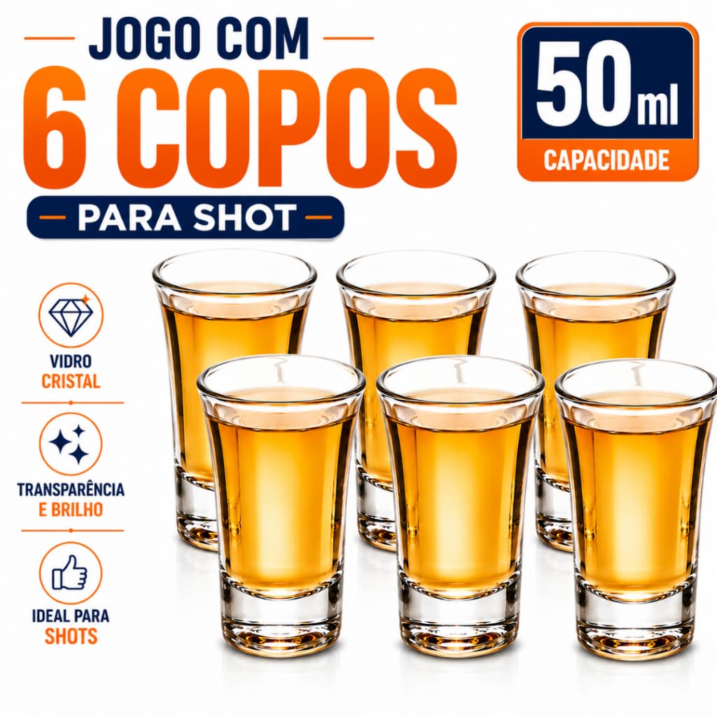 Kit 6 Copos Shot De Vidro Cristal 50ml Para Tequila Vodka Cachaça Bar Restaurante E Festas