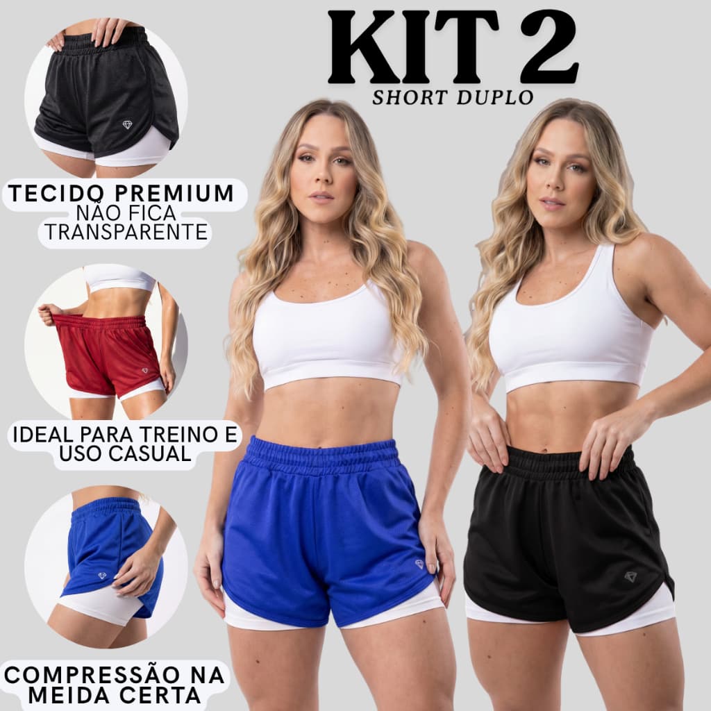Kit 2 Shorts Duplo Feminino 2 em 1 Suplex Cintura Alta Academia Confortável
