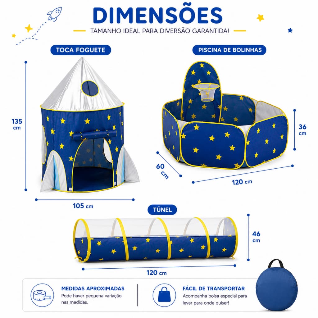 Tenda Infantil 3 em 1 com Túnel e Piscina de Bolinhas - Castelo/Foguete Dobrável Azul