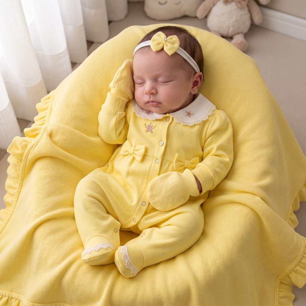 Saída Maternidade Bebê Menina Amarela 04 Peças Roupa Maternidade Bordado Flores Malha Premium