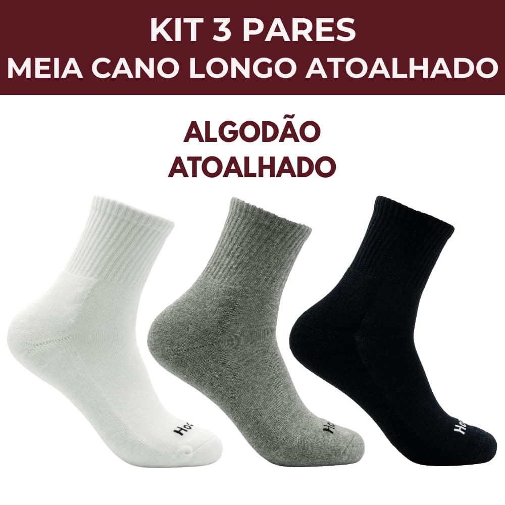 Kit 3 Pares Meia Masculina Cano Longo Algodão Atoalhado 39-43 Hoahi