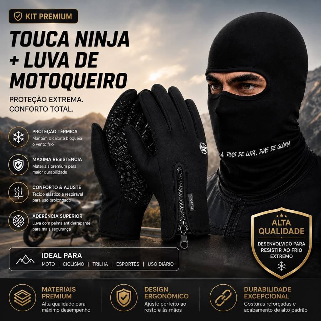 Kit Touca Ninja Balaclava + Luva Térmica Touch Screen Motoqueiro Inverno Frio Masculino Feminina