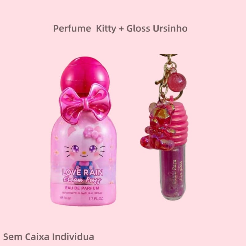 Kit Perfume Hello Kitty 30ml + Gloss Labial Ursinho Presente para Meninas Infantil Feminino