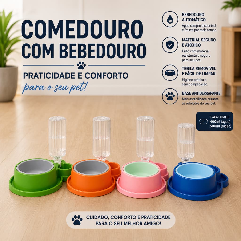 Pet Bebedouro c/ Comedouro Anti-Formiga automático suporte Garrafa Para Pets - Diversas Cores