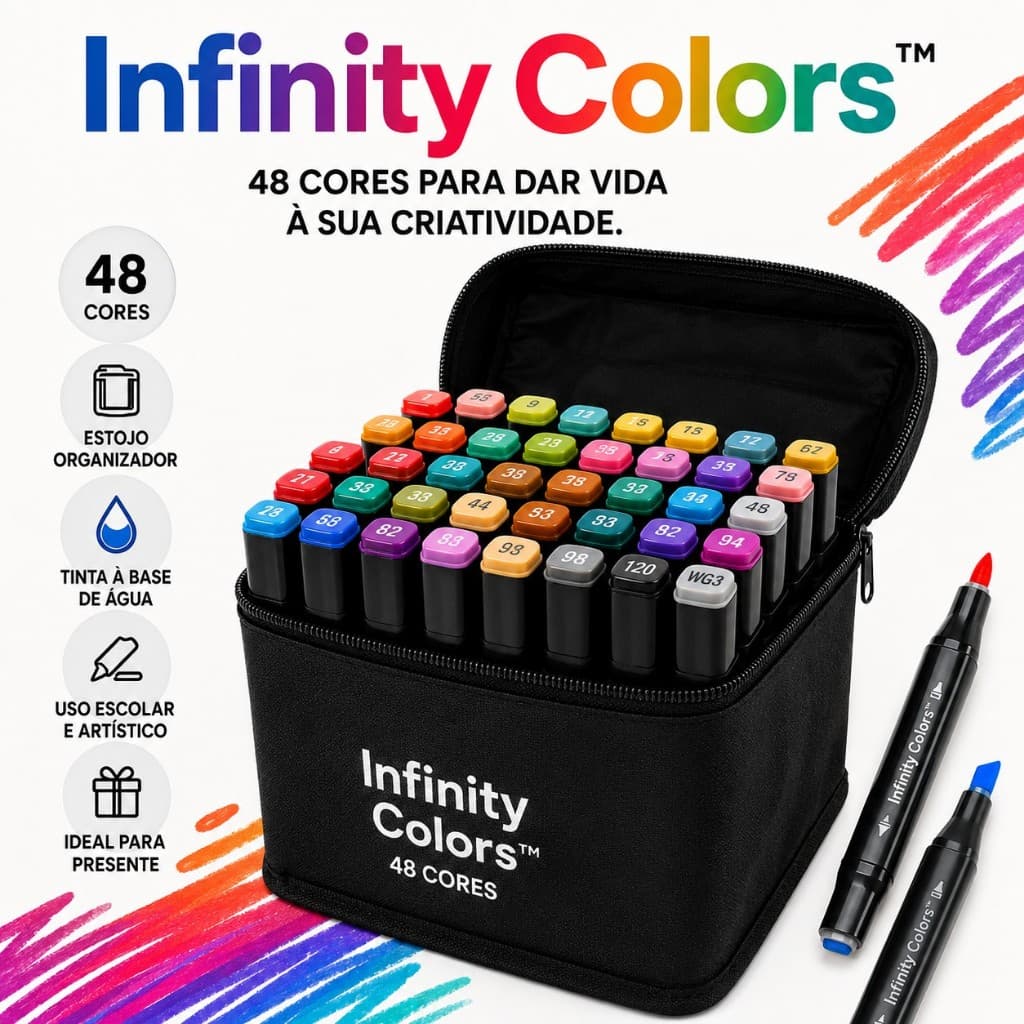 Estojo Canetas Hidrográficas 48 Cores Infinity Colors Kit Colorir Desenho Escolar Artesanato