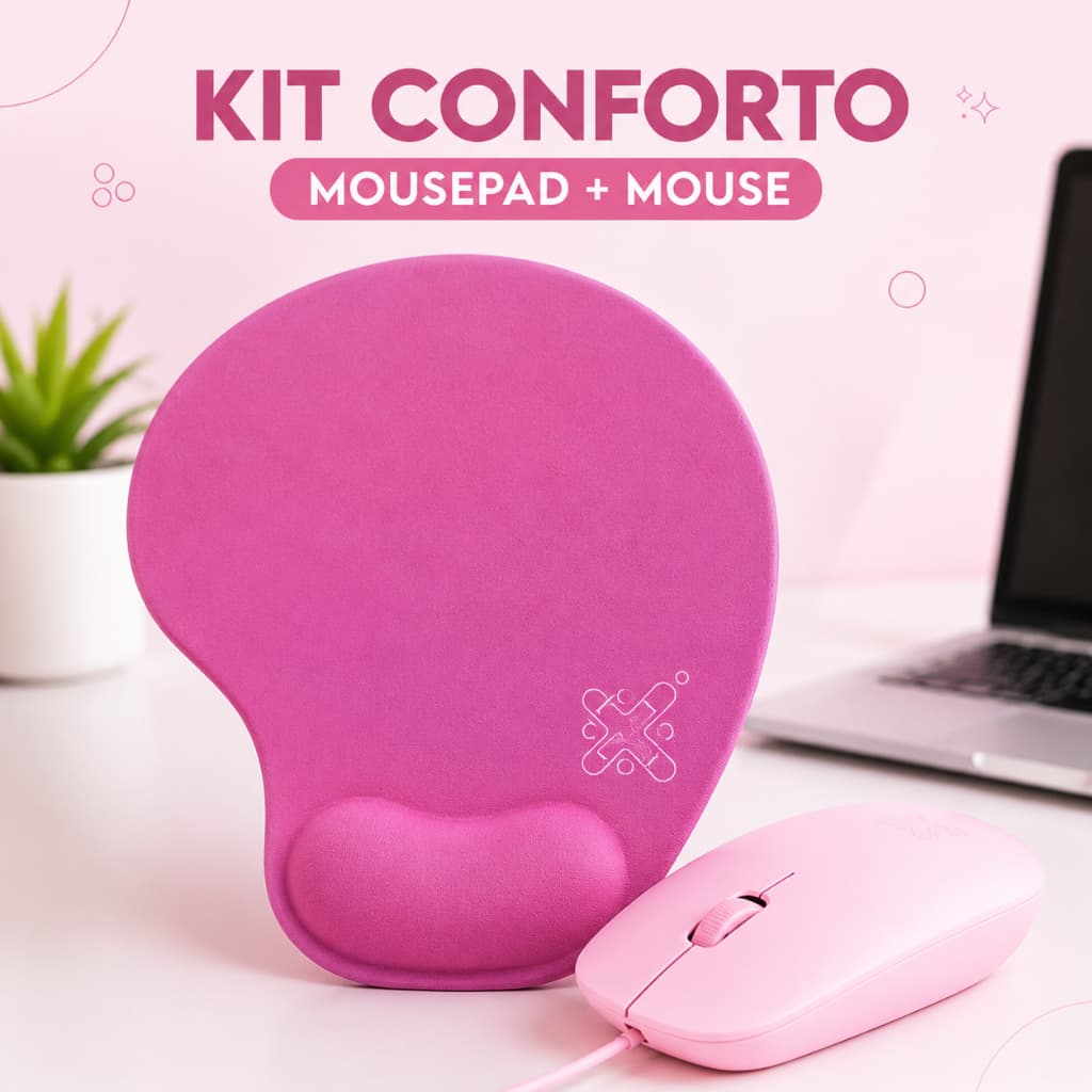 Kit Mouse e Mousepad Rosa Soft Touch Ergonômico para Escritório e Home Office