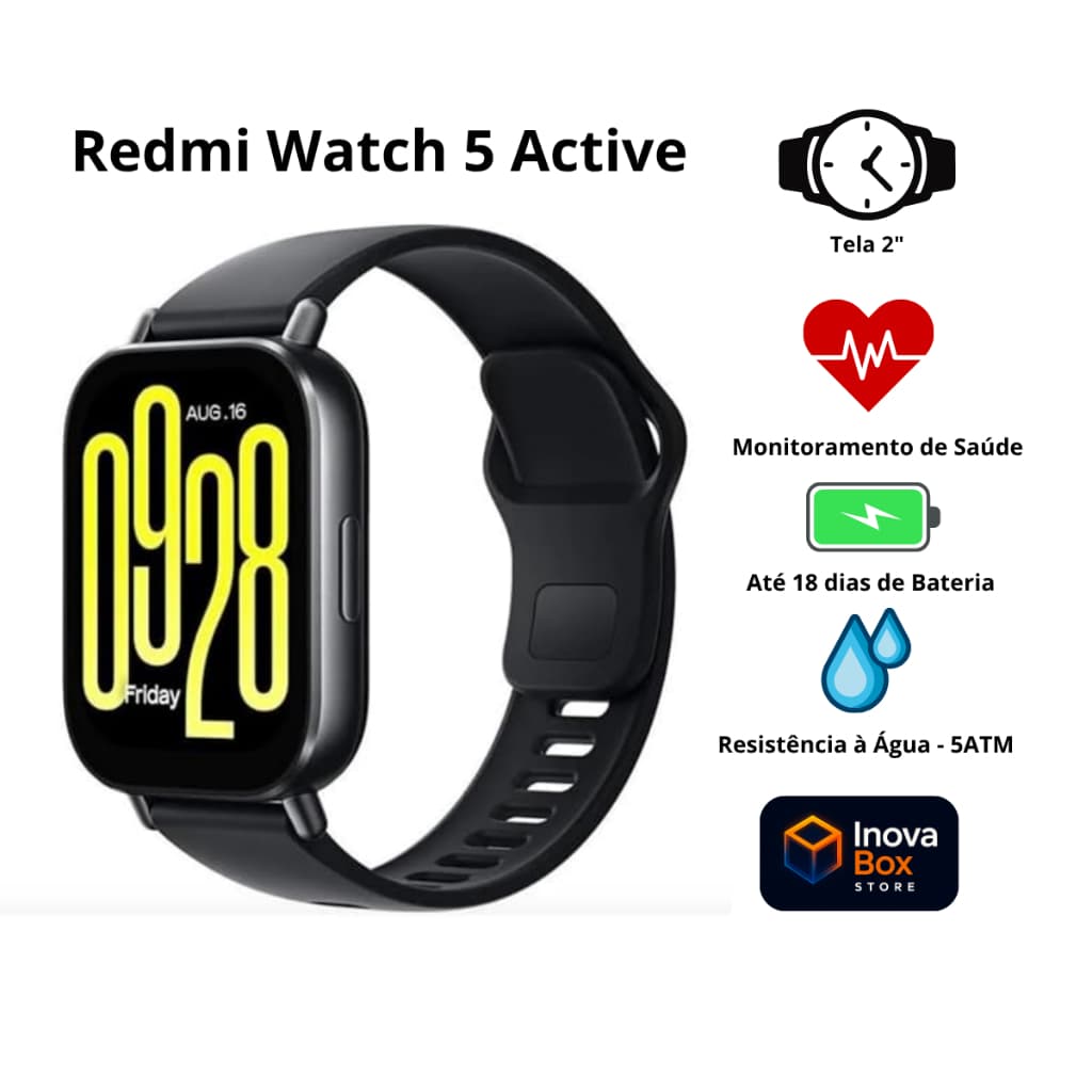 Smartwatch Redmi Watch 5 Active Bluetooth Chamadas Tela 2" 5ATM Alexa 140+ Esportes Até 18 Dias de Bateria