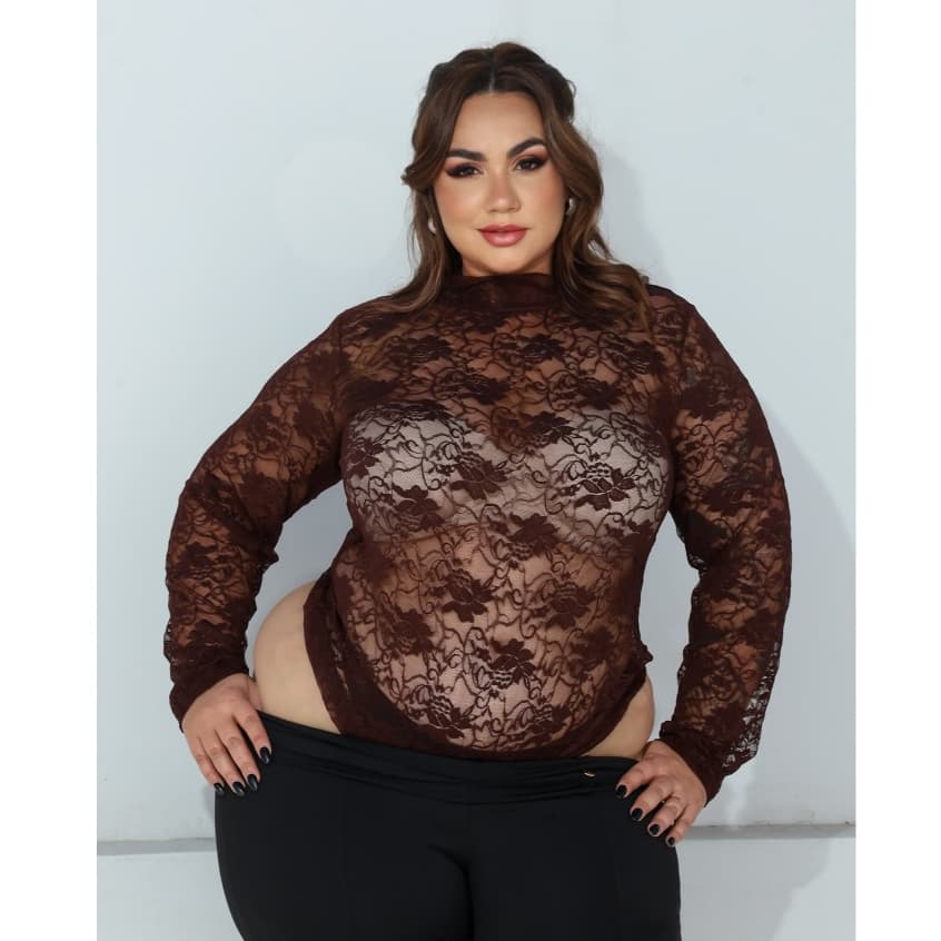 BODY FEMININO DE RENDA  PLUS SIZE MANGA LONGA, GOLA ALTA ELEGANTE