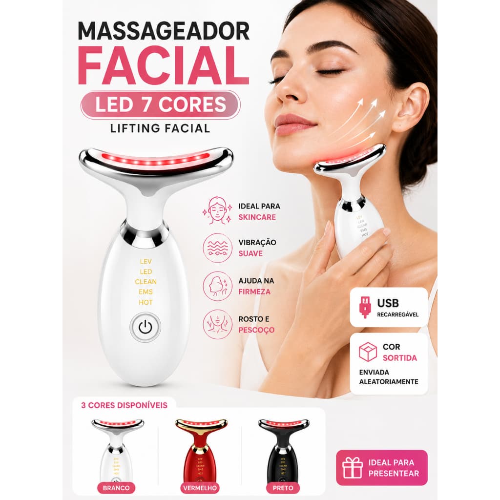 Massageador Facial Profissional LED 7 Cores Para Rosto e Pescoço Anti Rugas Cor Sortida