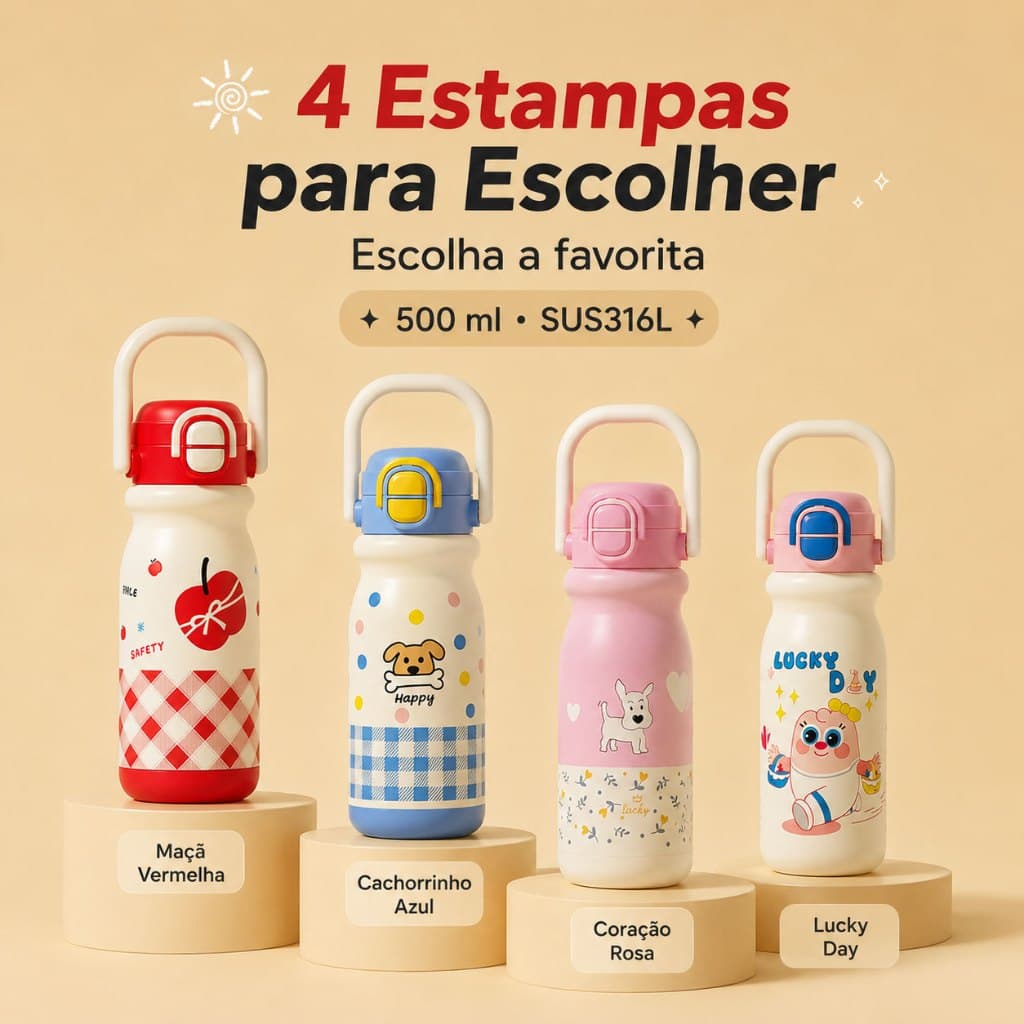 Garrafa Térmica Infantil 500ml SUS316L com Alça e Canudo, Desenho Cartoon Anti Vazamento para Rotina Escolar