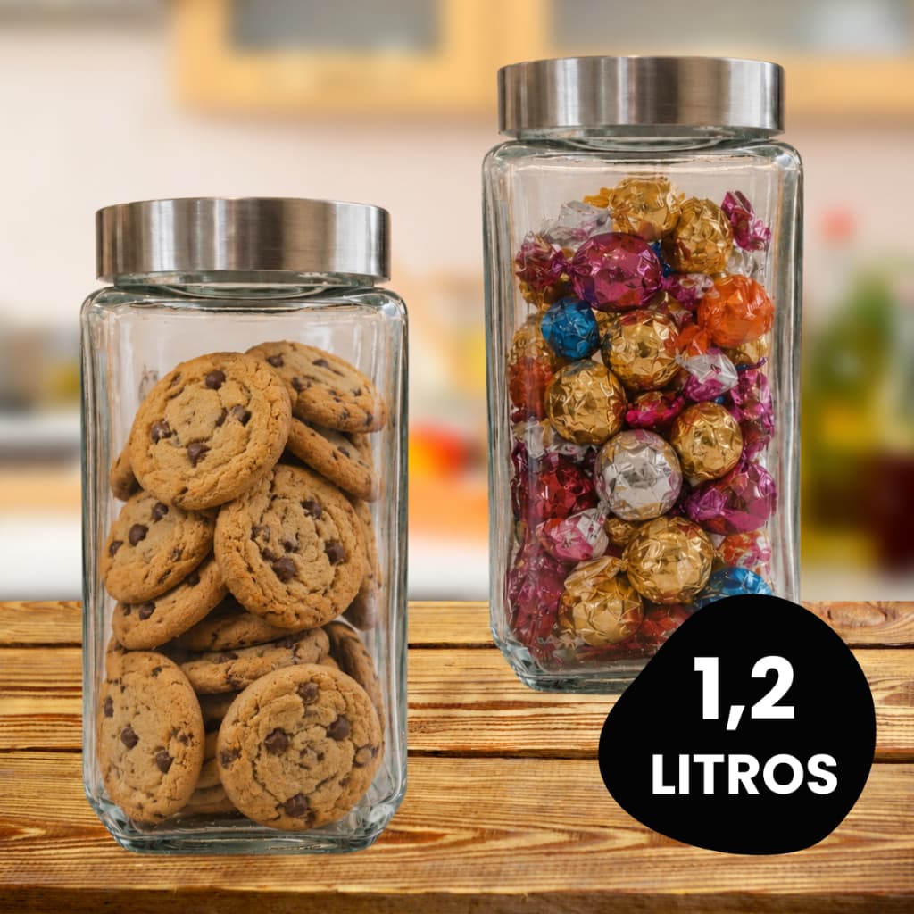 Kit Conjunto 2 Potes De Vidro 1,2L Quadrado Com Tampa De Rosca Inox Resistente