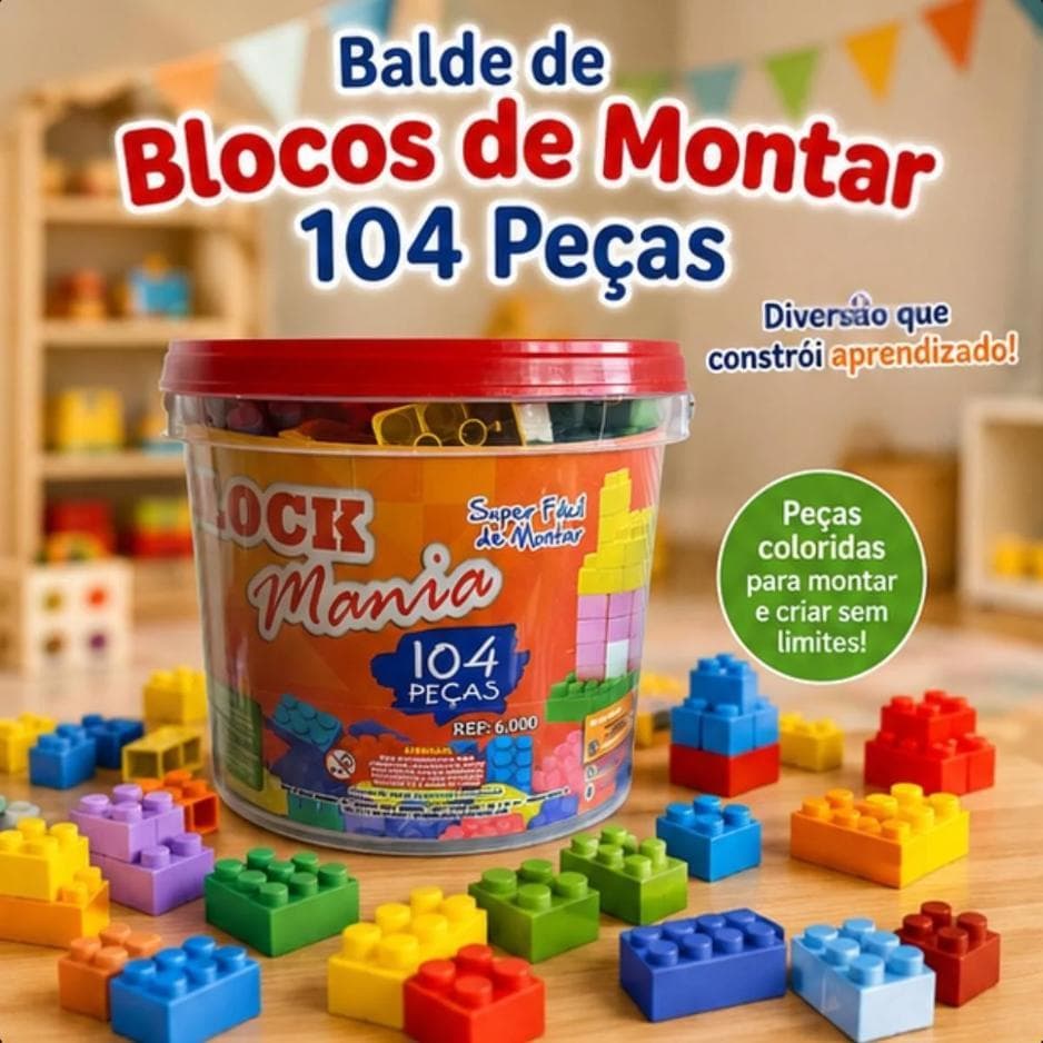 Balde Blocos de Montar 104 Peças Infantil Educativo Indicado Para Crianças Maiores De 3 Anos Presente Brinquedo