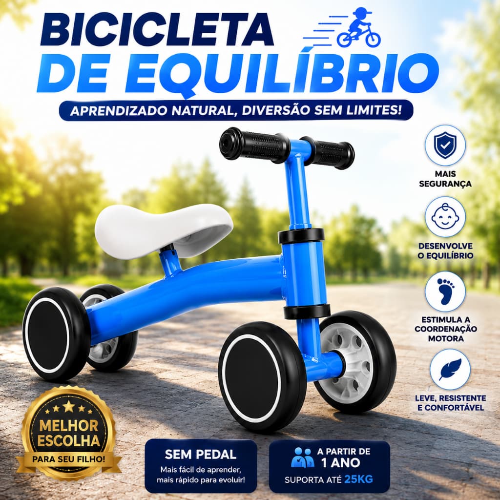 Bicicleta Infantil de Equilíbrio Sem Pedal Azul Desenvolvimento Coordenação Motora Crianças Maior de 1 Ano Peso até 25kg