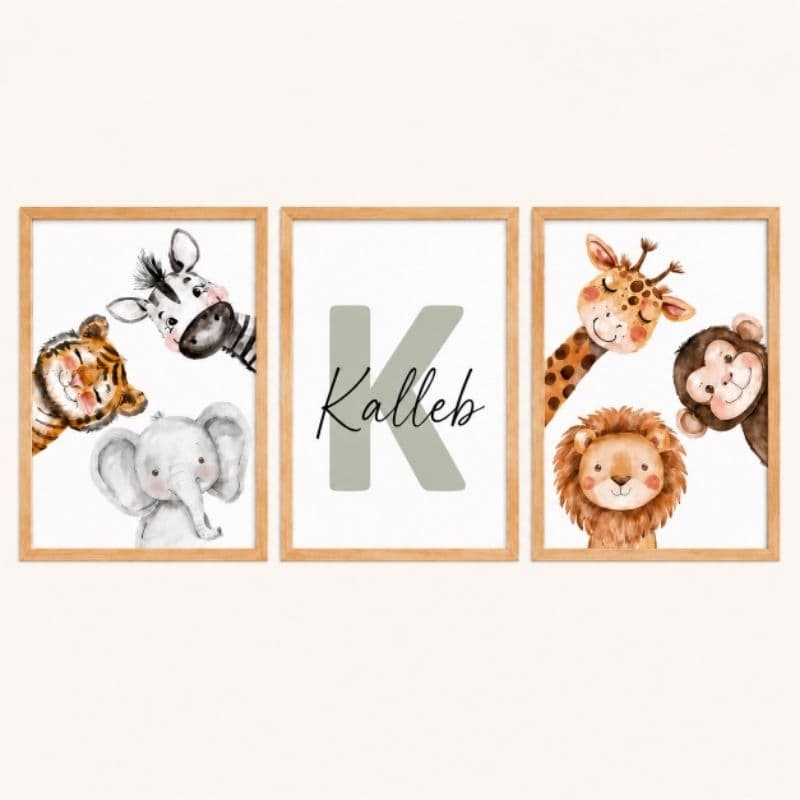 Quadro decorativo infantil 3 peças_ tema safari personalizado com nome