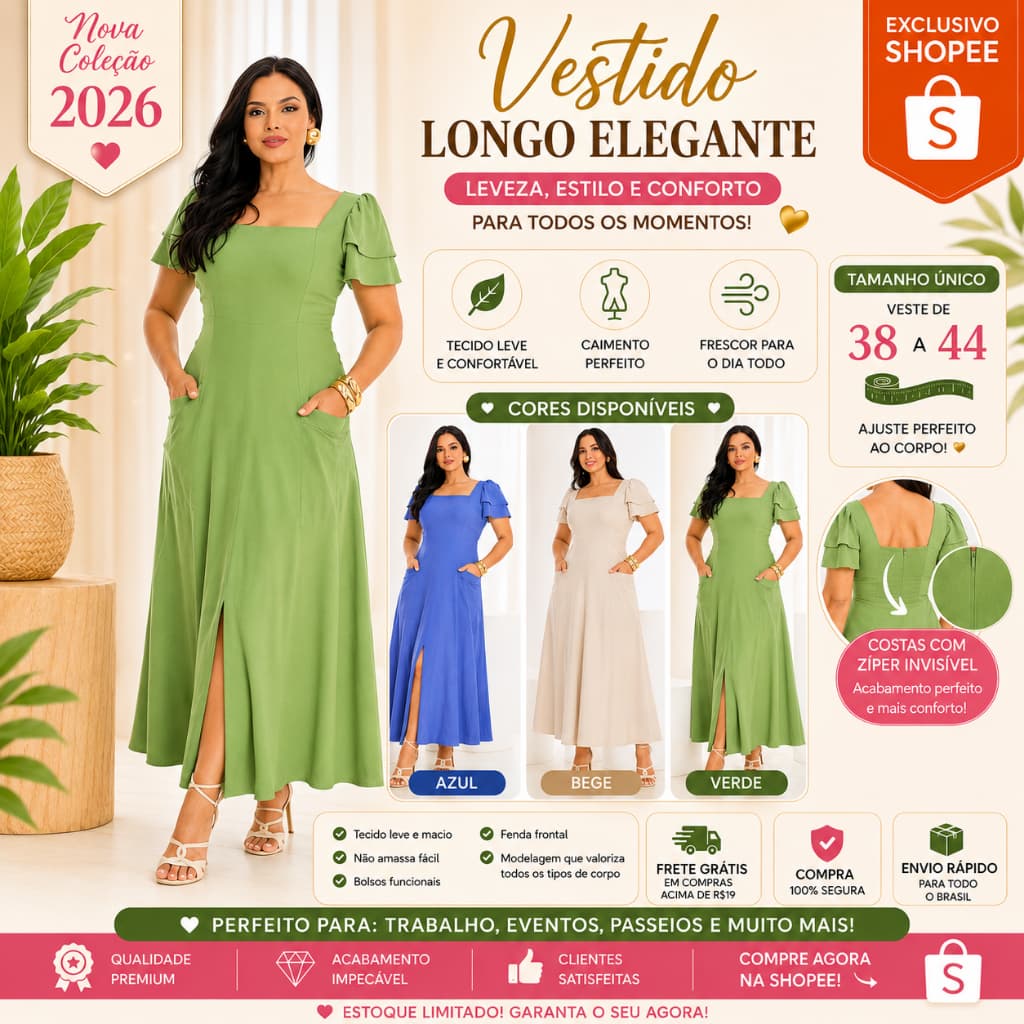 Vestido Femenino Longo Elegante com Fenda na frente Mangas Bufantes Ziper Nas Costas - Moda Feminina