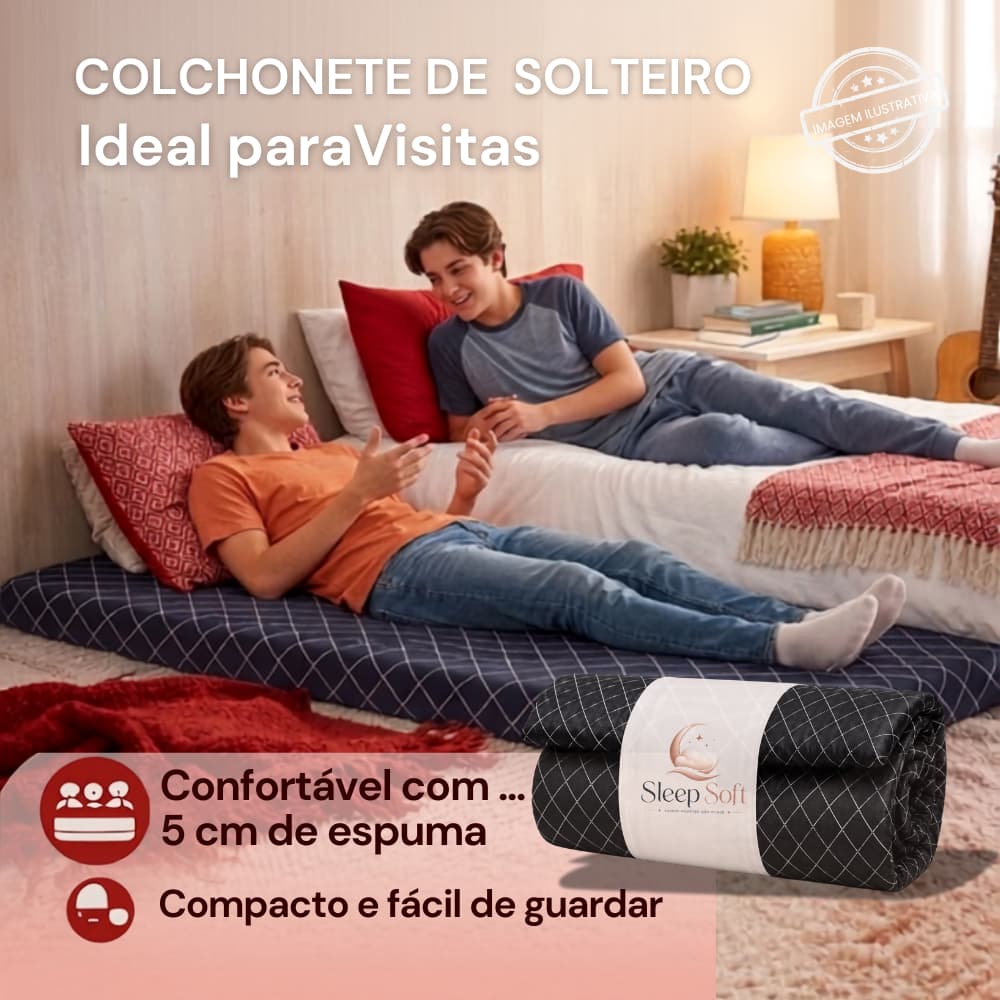 Colchonete de Solteiro Confortável Tecido Poliéster Ideal Para Visitas, Viagens e Acampar 180x65x5 cm