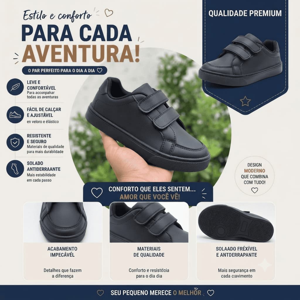 Tenis infantil escolar preto calce facil com velcro unisex menino/menina promoçao volta as aulas