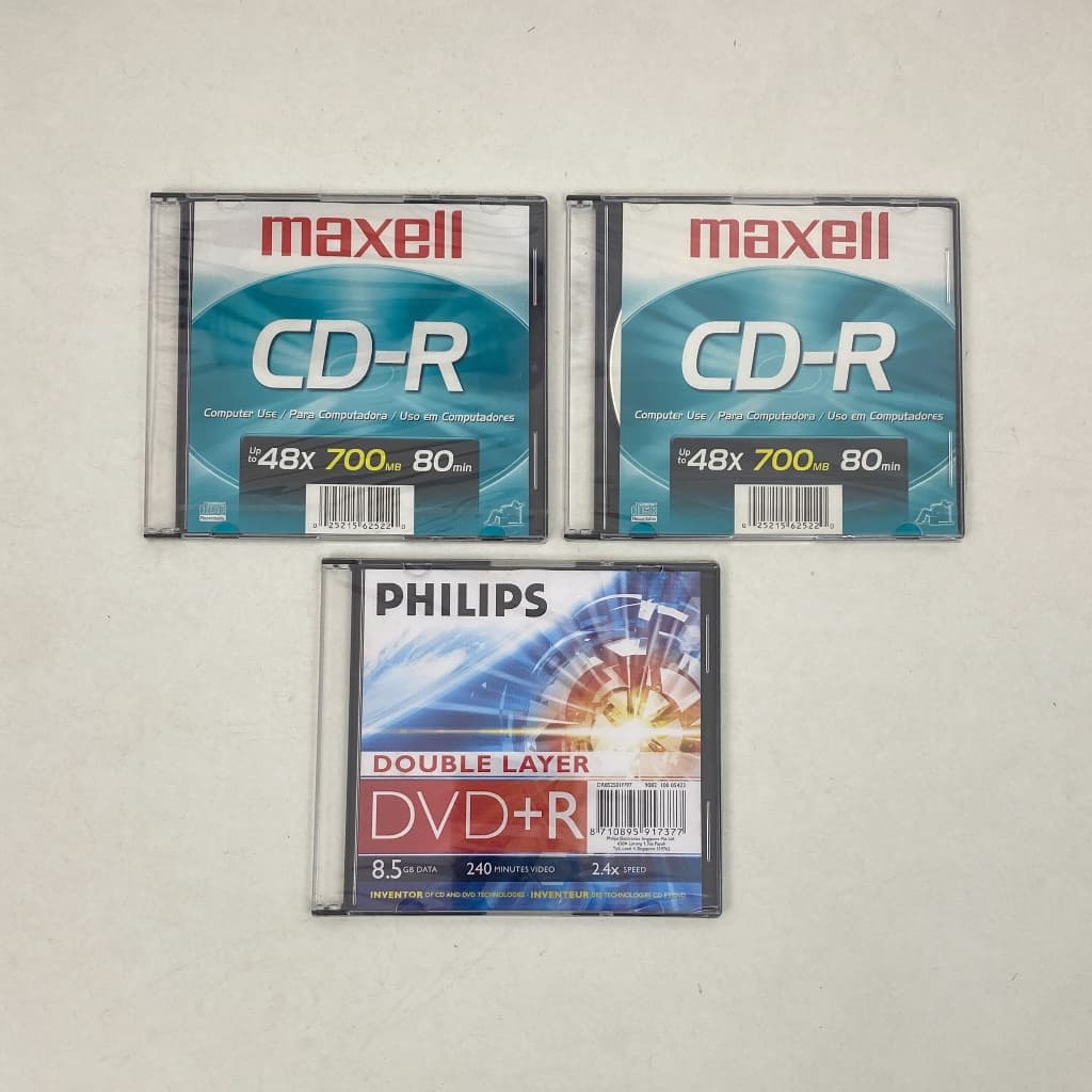 Lote mídias virgens - 2 CDs Maxell CD-R 700 Mb e 1 DVD-R double layer 8,5 Gb