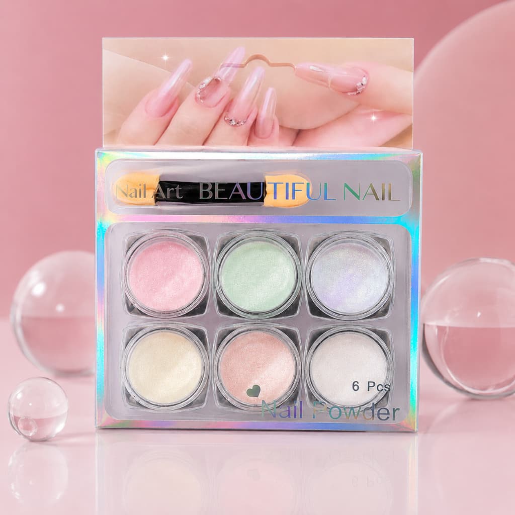 Kit Pó Cromado Perolado 6 Cores Encapsulado para Unhas Nail Art Aurora Efeito Sereia