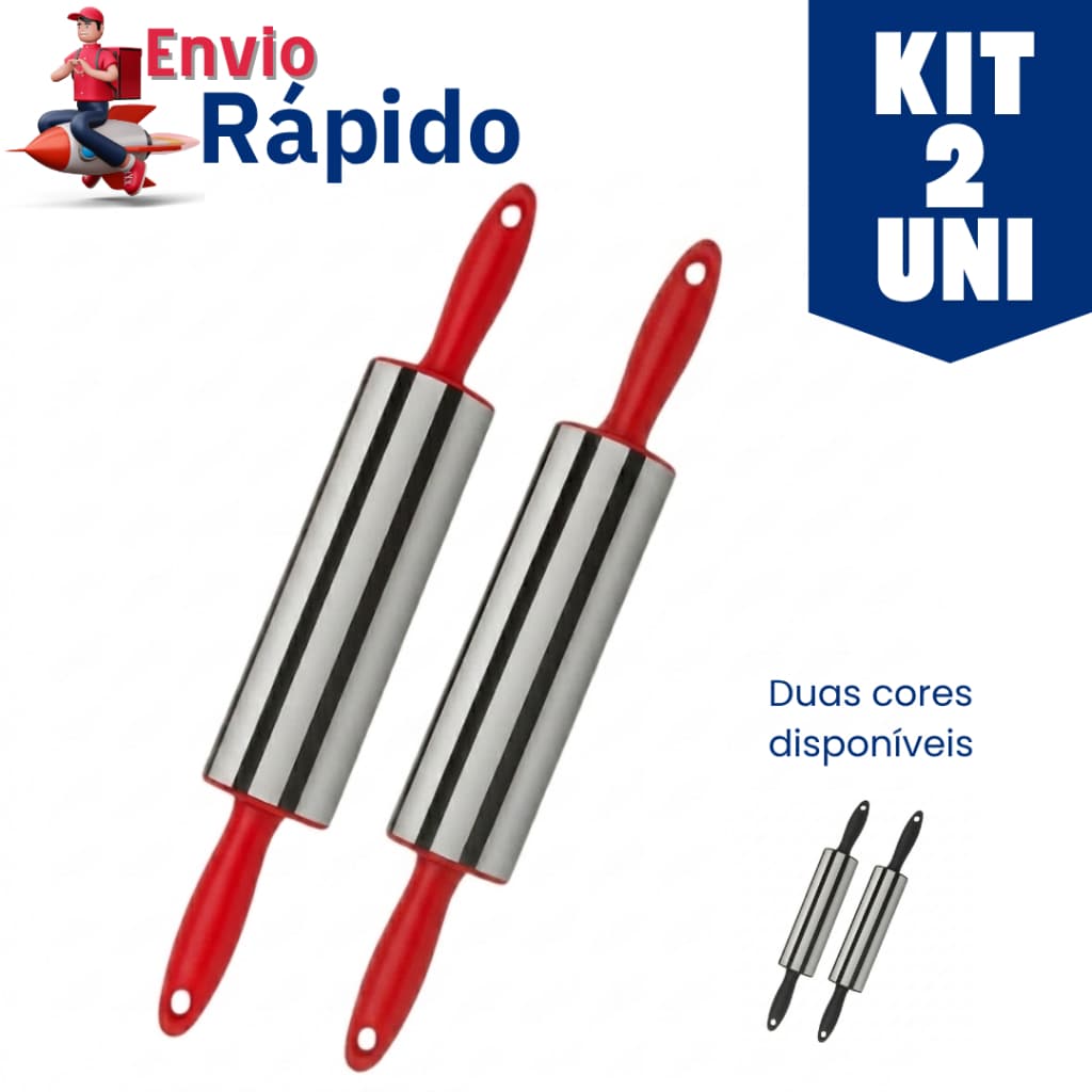 Rolo para Massas Inox Giratório 2 ou 1 Unidade Antiaderente 37,5cm Pizza Pastel Pão Torta Cozinha Profissional