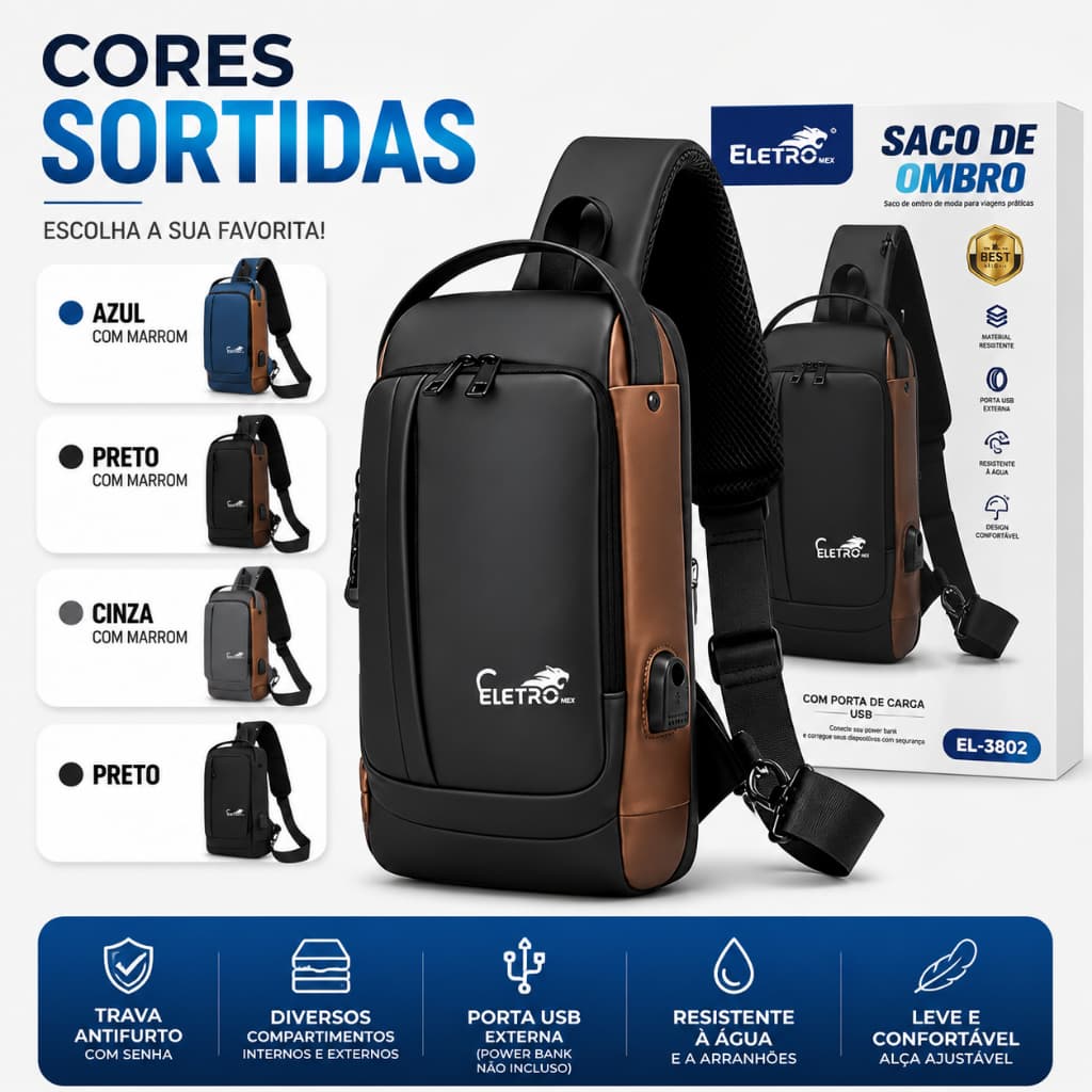 Mochila Transversal Antifurto com Senha Porta USB Resistente à Água Bolsa de Ombro Eletromex