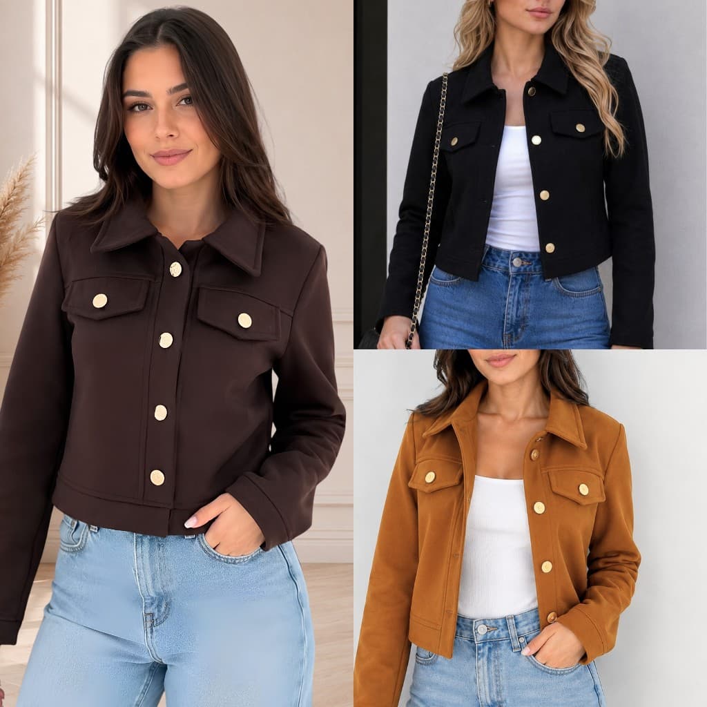 Jaqueta Feminina Curta Lã Batida - Casaco Estilo Inverno Manga Comprida e Botões Moda Premium