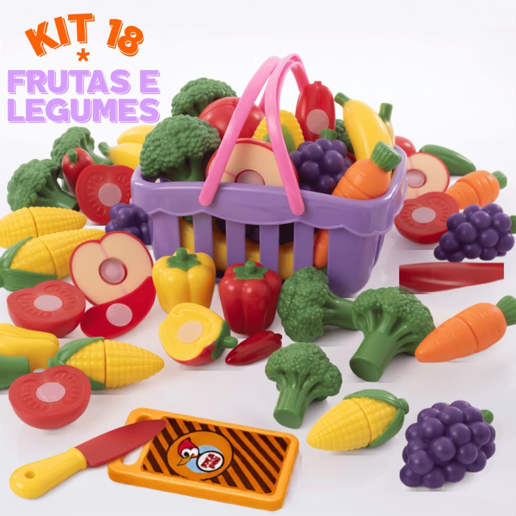 Kit Comidinha Cestinho Com Frutas e Verduras Corta Com Velcro Crec Crec Brinquedo Infantil 18 Pçs